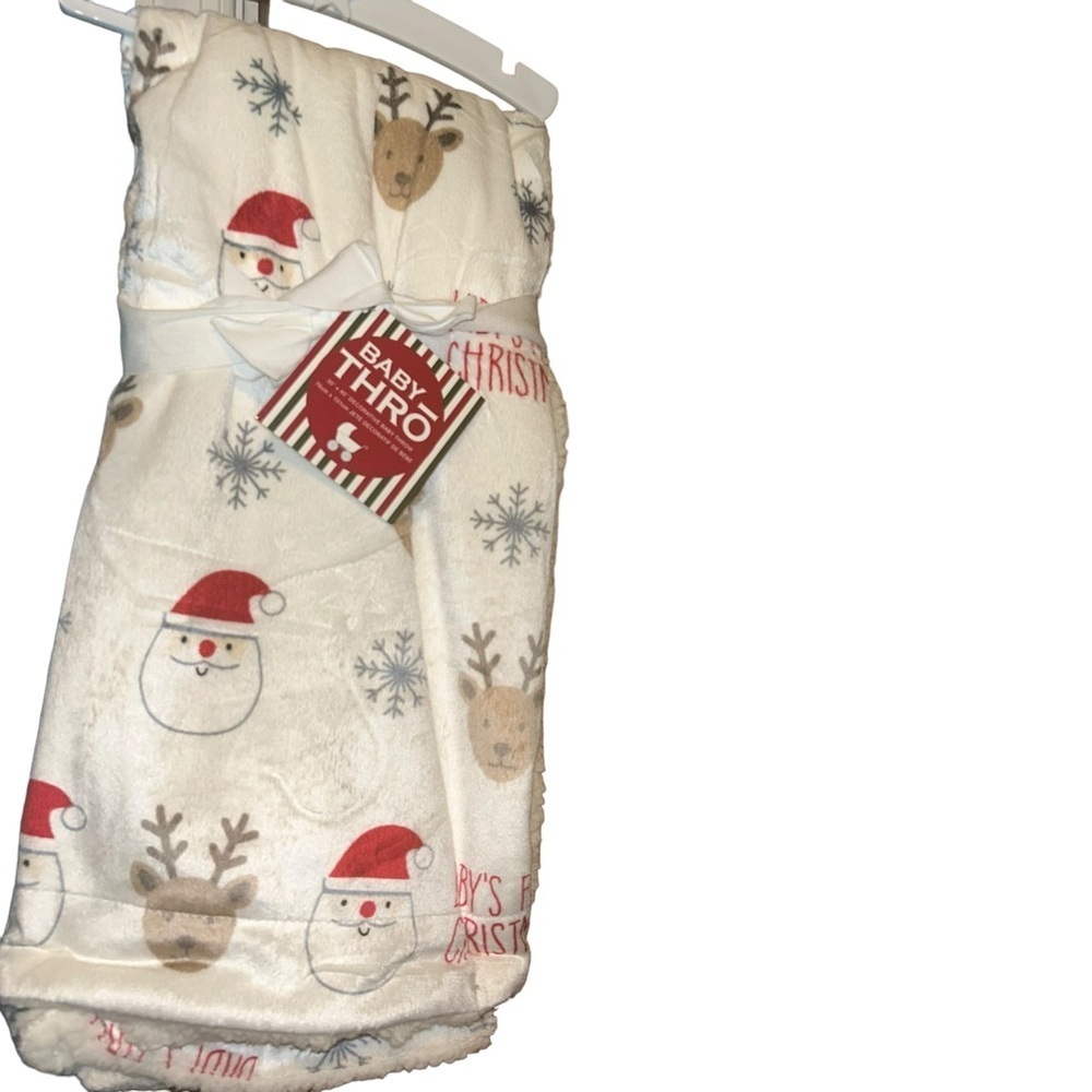 Baby’s First Christmas Throw by Baby-THRO, reindeer, snowflakes, Santa Micromink